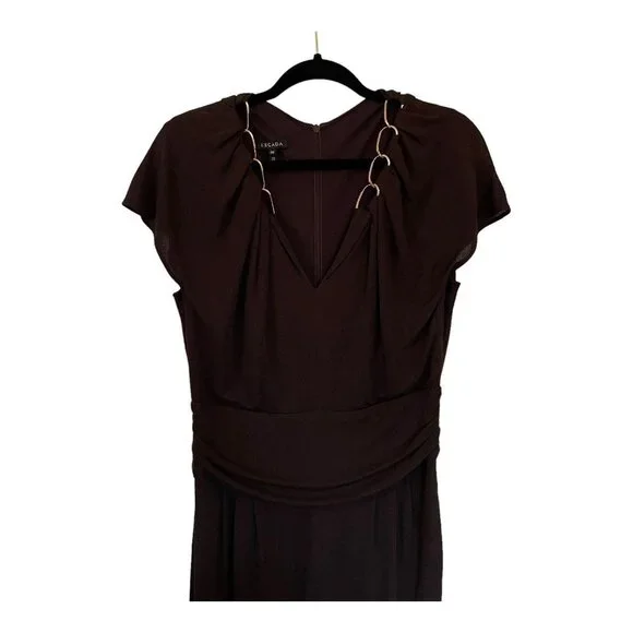 Escada Size M Gold Chain Link V-Neck Brown Jumpsuit Short Sleeve Designer